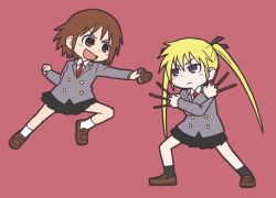  2girls blonde_hair brown_eyes brown_hair chocolate commentary_request food kill_me_baby long_hair multiple_girls namu_(nurui_cha) necktie oribe_yasuna pocky purple_eyes school_uniform short_hair skirt sonya_(kill_me_baby) twintails 