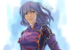  ao_no_kiseki aqua_background commentary_request eiyuu_densetsu female half_updo kazu_(2991308) purple_eyes purple_hair rixia_mao short_hair smile solo 