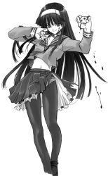  blood blood_on_face commentary_request cynthia_the_mission female fighting_stance flat_chest greyscale hairband highres kuga_araya long_hair midriff monochrome panties panties_under_pantyhose pantyhose pleated_skirt school_uniform senomoto_hisashi serafuku skirt solo torn_clothes torn_skirt underwear 