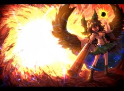  arm_cannon ayakashi_(monkeypanch) black_hair black_sun bow breasts cape commentary_request female fire glowing glowing_eyes green_skirt hairbow index_finger_raised letterboxed long_hair medium_breasts open_mouth red_eyes reiuji_utsuho skirt smile solo sun third_eye touhou weapon wings 