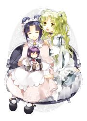  3girls alternate_costume alternate_hairstyle apron bad_id bad_pixiv_id bell black_hair bow chair character_doll choker closed_eyes dress eiyuu_densetsu green_hair kea_(eiyuu_densetsu) light_green_hair long_hair maid_headdress multiple_girls occacia renne_(eiyuu_densetsu) ribbon shawl shizuku_maclaine shoes short_hair sora_no_kiseki two_side_up white_background white_dress zero_no_kiseki 