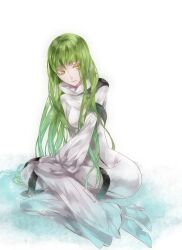  bad_id bad_pixiv_id bodysuit c.c. code_geass female green_hair high_heels long_hair photoshop_(medium) shoes solo straitjacket water white_bodysuit witchonly yellow_eyes 