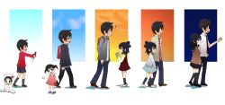  1boy age_difference age_progression aged_down baby backpack bag black_eyes black_hair blush book brown_eyes chikubi commentary_request doll dress female hair_bun highres marui_hitoha mitsudomoe_(manga) school_uniform serafuku short_hair single_hair_bun sweater twintails ximsol182 yabe_satoshi 