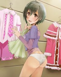  ahoge ass bad_id bad_pixiv_id black_hair blush brown_eyes commentary_request female idolmaster idolmaster_cinderella_girls indoors kenshin_(kenshin3) kohinata_miho looking_back open_mouth panties short_hair solo tears underwear white_panties 