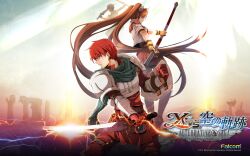  2010 2boys adol_christin armor bo_staff brown_eyes brown_hair company_name copyright_name crossover dual_wielding eiyuu_densetsu estelle_bright falcom female gloves grey_eyes highres holding joshua_bright long_hair multiple_boys official_art official_wallpaper orange_skirt pants pauldrons red_hair scarf serious shield shoulder_armor skirt sora_no_kiseki staff sword twintails weapon ys ys_vs_sora_no_kiseki_alternative_saga 