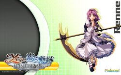  2010 ascot bow character_name company_name copyright_name dress eiyuu_densetsu female frills full_body hairbow highres holding holding_scythe logo official_art pointing polearm_behind_back purple_hair red_ascot renne_(eiyuu_densetsu) scythe shoes short_hair smile socks solo sora_no_kiseki white_dress yellow_eyes ys_vs_sora_no_kiseki_alternative_saga 