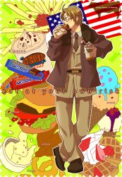  1boy ahoge america_(hetalia) american_flag axis_powers_hetalia bad_id bad_pixiv_id blonde_hair bomber_jacket bovine burger candy chocolate chocolate_bar commentary_request eating flag food french_fries fruit glasses ice_cream jacket male_focus mashed_potatoes military military_uniform onion_rings revision salyut solo strawberry uniform united_states waffle 