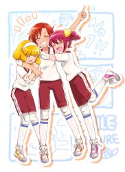  3girls :d ^_^ blonde_hair closed_eyes commentary_request eyelashes grin gym_shorts gym_uniform hair_ornament hairclip hashibiro headband hino_akane_(smile_precure!) hoshizora_miyuki multiple_girls open_mouth pink_hair precure red_hair ribbon shoes shorts smile smile_precure sneakers yayoi_kise 