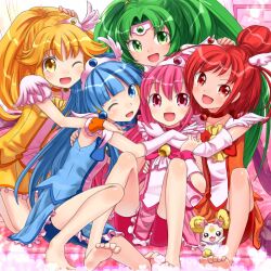  5girls :d aoki_reika barefoot bike_shorts blonde_hair blue_eyes blue_hair bow brown_choker buntan candy_(smile_precure!) choker commentary_request cure_beauty cure_happy cure_march cure_peace cure_sunny feet green_eyes green_hair hair_flaps hino_akane_(smile_precure!) hoshizora_miyuki hug long_hair magical_girl midorikawa_nao multiple_girls no_legwear one_eye_closed open_mouth orange_choker orange_skirt pink_bow pink_choker pink_eyes pink_hair pink_shorts pink_skirt precure red_eyes red_hair red_shorts short_hair shorts shorts_under_skirt skirt smile smile_precure tiara wide_ponytail yayoi_kise yellow_eyes yellow_skirt 