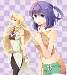  2girls ao_no_kiseki belt blonde_hair blue_eyes bracelet checkered_background commentary_request crop_top dress drill_hair eiyuu_densetsu half_updo ilya_platiere jewelry long_hair midriff multiple_girls navel purple_background purple_hair rixia_mao shirt short_hair shorts sun_trial twin_drills twintails 