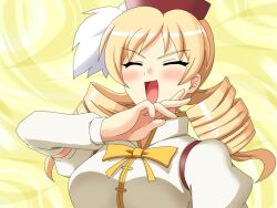  arm_warmers blonde_hair blush closed_eyes commentary_request drill_hair enshou female hat koihime_musou laughing magical_girl mahou_shoujo_madoka_magica mahou_shoujo_madoka_magica_(anime) ojou-sama_pose open_mouth shin_koihime_musou shirosato solo tomoe_mami tomoe_mami_(magical_girl) twin_drills twintails 