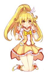  blonde_hair bow choker commentary_request cure_peace double_v female hair_flaps kneeling long_hair magical_girl minamura_haruki orange_choker ponytail precure skirt smile_precure solo v wide_ponytail yayoi_kise yellow_bow yellow_eyes yellow_skirt yellow_theme 