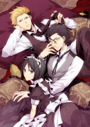  3boys adjusting_eyewear alternate_costume apron bad_id bad_pixiv_id bespectacled black_dress black_hair blonde_hair bob_cut bolo_tie crossdressing crossed_legs diarmuid_ua_duibhne_(lancer)_(fate) dress dress_shirt enmaided fate/zero fate_(series) frills gilgamesh_(fate) glasses green_eyes looking_at_viewer maid maid_headdress male_focus multiple_boys necktie otoko_no_ko pillow puffy_sleeves red_eyes shirt short_hair sitting waistcoat waiter waver_velvet xia_(ryugo) yellow_eyes 