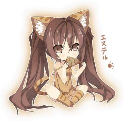  animal_ears brown_eyes brown_hair cat_ears cat_tail character_name commentary_request eating eiyuu_densetsu estelle_bright female fish full_body kemonomimi_mode long_hair saru sitting skirt socks solo sora_no_kiseki strap_slip tail twintails white_background 