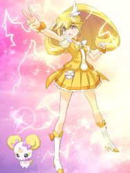  blonde_hair boots bow candy_(smile_precure!) choker commentary_request cure_peace eyelashes female hair_flaps magical_girl masakichi_(crossroad) orange_choker pink_bow ponytail precure skirt smile_precure solo sparks v wide_ponytail yayoi_kise yellow_bow yellow_eyes yellow_skirt yellow_theme 