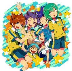  5boys akishima_kei bad_id bad_pixiv_id blue_eyes blue_hair brown_hair female inazuma_eleven_(series) inazuma_eleven_go kageyama_hikaru kariya_masaki long_hair matsukaze_tenma multiple_boys nishizono_shinsuke open_mouth ribbon school_uniform short_hair smile soccer_uniform sorano_aoi sportswear tsurugi_kyousuke 