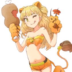  :p animal_ears animal_hands bare_shoulders bell blonde_hair boned_meat cat_paws claws commentary_request dani-ikapi eyelashes fangs female flat_chest food idolmaster idolmaster_cinderella_girls jougasaki_rika lion_ears lion_girl lion_tail long_hair meat midriff navel one_eye_closed orange_shorts short_shorts shorts solo tail tongue tongue_out two_side_up yellow_eyes 