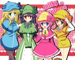  4girls bad_id bad_pixiv_id blonde_hair blush bow brown_hair capelet cordelia_glauca dress green_capelet hat hercule_barton magnifying_glass multiple_girls pantyhose photoshop_(medium) pink_bow pink_hair rikatan sherlock_shellingford tantei_opera_milky_holmes yuzurizaki_nero 