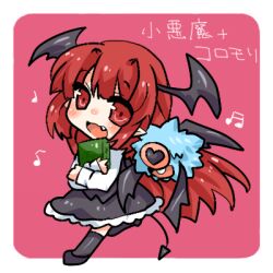  book character_name female female head_wings koakuma long_hair looking_at_viewer lowres musical_note open_mouth pixiv_manga_sample pokemon red_eyes red_hair simple_background tail takamura touhou very_long_hair wings woobat 