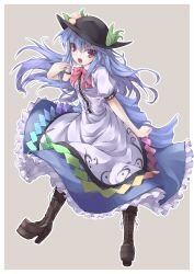  awa_yume blue_hair boots commentary_request cross-laced_footwear dress female food fruit full_body highres hinanawi_tenshi lace-up_boots long_hair open_mouth peach red_eyes simple_background solo touhou 