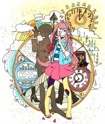  arrow_(projectile) bad_id bad_pixiv_id clock cloud female flats headphones heart_beats_(vocaloid) jacket long_hair mask megurine_luka oonuma_mon pantyhose pink_hair rain shadow shirt skirt smile solo striped_clothes striped_shirt traditional_media umbrella vocaloid water_drop yellow_pantyhose 