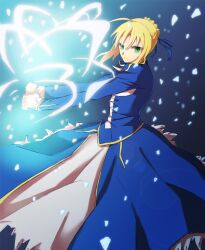  afjc ahoge artoria_pendragon_(fate) bad_id bad_pixiv_id blonde_hair dress fate/stay_night fate_(series) female green_eyes hair_ribbon invisible_air_(fate) light_particles photoshop_(medium) ribbon saber_(fate) solo sword weapon 