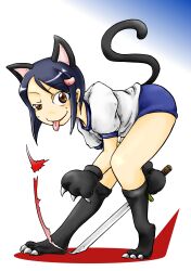  :p animal_ears animal_hands bent_over blue_buruma blue_hair brown_eyes buruma cat_ears cat_paws cat_tail commentary_request cynthia_the_mission female hair_ornament hairclip highres nakatsuka_yumiko raised_eyebrow short_hair solo sword tail tongue tongue_out weapon yuggoth555 