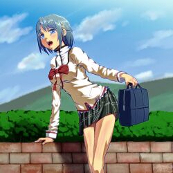  bad_id bad_pixiv_id bag blue_eyes blue_hair bow cometch female hair_ornament hairclip mahou_shoujo_madoka_magica mahou_shoujo_madoka_magica_(anime) miki_sayaka mitakihara_school_uniform open_mouth school_uniform short_hair solo 