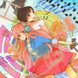  1boy an_hajime back-to-back bad_id bad_pixiv_id blue_eyes brown_eyes brown_hair cable clock couple female fish flower headphones heart heart_beats_(vocaloid) jacket long_hair megurine_luka open_mouth pantyhose pink_hair shirt skirt smile straight striped_clothes striped_shirt very_long_hair vocaloid window yellow_legwear 