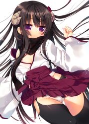  black_hair black_thighhighs blush clothing_cutout commentary_request female hakama hakama_short_skirt hakama_skirt horns inu_x_boku_ss japanese_clothes long_hair miko off_shoulder panties purple_eyes sazaki_ichiri scarf shirakiin_ririchiyo side_cutout skirt solo thighhighs underwear white_panties 