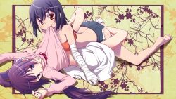  2girls akemi_homura anime_screenshot aoki_ume bakemonogatari bandages bare_shoulders barefoot black_hair blue_eyes blue_hair blush brown_hair butt_crack company_connection cosplay creator_connection cutoffs denim denim_shorts end_card hair_ornament hairclip jpeg_artifacts kanbaru_suruga kanbaru_suruga_(cosplay) long_hair looking_at_viewer mahou_shoujo_madoka_magica mahou_shoujo_madoka_magica_(anime) miki_sayaka monogatari_(series) mouth_hold multiple_girls nisemonogatari parody purple_eyes purple_hair saitou_chiwa senjougahara_hitagi senjougahara_hitagi_(cosplay) short_hair short_shorts shorts strapless thick_eyebrows third-party_edit tube_top voice_actor_connection yuri 