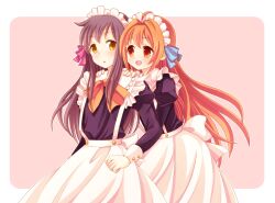  2girls alternate_costume black_hair brown_eyes commentary_request dress eiyuu_densetsu enmaided estelle_bright genderswap_(mtf) hair_ribbon joshua_bright long_hair maid maid_headdress makosuke multiple_girls orange_hair pink_background ribbon rule_63 smile sora_no_kiseki yellow_eyes 