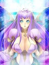  armor blue_eyes blue_wings breasts butterfly_wings commentary_request curvy female huge_breasts insect_wings long_hair open_mouth original photoshop_(medium) purple_hair solo standing taka_(sanoujo358) wide_hips wings 