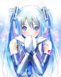  blue_eyes blue_hair blush commentary_request detached_sleeves female hatsune_miku keki long_hair looking_at_viewer mittens necktie photoshop_(medium) scarf smile snowflakes solo twintails vocaloid white_scarf yuki_miku yuki_miku_(2011) 