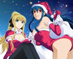  blonde_hair blue_hair blush breasts christmas cleavage dcd diamond_cut_diamond kenji_t1710 large_breasts red_eyes shigyou_yuuyami taguchi_kenji 