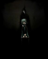  aqua_eyes aqua_hair bare_shoulders chair cloak commentary_request covering_own_mouth death_(entity) detached_sleeves empty_eyes female grim_reaper hatsune_miku hood long_hair necktie sitting skirt skull thighhighs toi_(number8) twintails very_long_hair vocaloid 