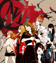  6+girls akb48 animification bird black_(majisuka_gakuen) black_hair blonde_hair book brown_hair chicken commentary_request delinquent earrings fingerless_gloves gekikara_(majisuka_gakuen) gloves grin jacket jewelry majisuka_gakuen multiple_girls ooshima_yuuko photoshop_(medium) sado_(majisuka_gakuen) school_uniform serafuku shibuya_(majisuka_gakuen) short_hair skirt sleeves_pushed_up smile torigoya_(majisuka_gakuen) umbrella wakiwaki-san 