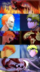  2boys arbaros black_sclera bleach blonde_hair blue_eyes colored_sclera colorized commentary company_connection english_commentary exoskeleton forehead_protector hollow_(bleach) hollow_ichigo konohagakure_symbol kurama_(naruto) kurosaki_ichigo mask multiple_boys naruto_(series) naruto_shippuuden ninja orange_eyes orange_hair photoshop_(medium) red_eyes sennin_mode shounen_jump uzumaki_naruto 