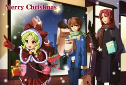  2boys alternate_costume bag brown_eyes brown_hair christmas commentary_request eiyuu_densetsu female green_eyes green_hair group_picture hat kea_(eiyuu_densetsu) light_green_hair lloyd_bannings long_hair merry_christmas multiple_boys photoshop_(medium) pink_bag pointing randolph_orlando red_hair scarf shawl skirt smile snow star_(symbol) sun_trial winter yellow_eyes zero_no_kiseki 