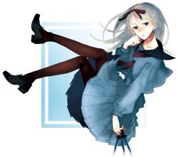  axis_powers_hetalia belarus_(hetalia) blue_eyes bow commentary_request female grey_hair hair_ribbon hairbow janus_(pantheon) knife loafers long_hair pantyhose photoshop_(medium) pleated_skirt ribbon school_uniform serafuku shoes skirt solo 