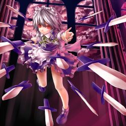  braid cloud commentary_request female grey_hair highres holding holding_knife incoming_attack indoors izayoi_sakuya knife maid maid_headdress pillar red_eyes ribbon short_hair solo spell_card throwing touhou twin_braids wasabichan window 