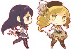  2girls akemi_homura akemi_homura_(magical_girl) black_hair blonde_hair chibi drill_hair hair_ornament hairband hat long_hair magical_girl mahou_shoujo_madoka_magica mahou_shoujo_madoka_magica_(anime) mota multiple_girls pantyhose purple_eyes revision simple_background smile thighhighs tomoe_mami tomoe_mami_(magical_girl) twin_drills twintails white_background yellow_eyes 