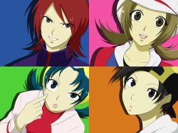  2boys 2girls alternate_costume baseball_cap blue_background commentary_request ethan_(pokemon) green_background hat kris_(pokemon) lyra_(pokemon) multiple_boys multiple_girls muu1519 orange_background pink_background pokemon pokemon_gsc pokemon_hgss silver_(pokemon) tenjou_tenge upper_body 