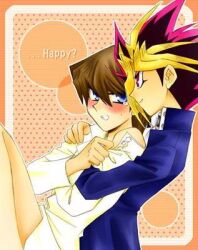  2boys ? black_hair blue_eyes blush brown_hair hug hug_from_behind kaiba_seto lowres male male_focus male_only multicolored_hair multiple_bots multiple_boys mutou_yugi mutou_yuugi purple_eyes shirt spiked_hair tears two-tone_hair undressing white_shirt yaoi yu-gi-oh! yuu-gi-ou_duel_monsters 