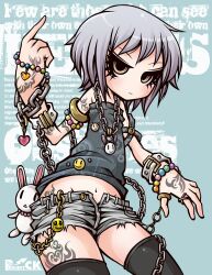  black_thighhighs bracelet brown_eyes chains commentary_request decora female grey_shorts highres jewelry nagato_yuki navel photoshop_(medium) project.c.k. purple_hair ring short_hair shorts solo suzumiya_haruhi_no_yuuutsu tattoo thighhighs thumb_ring 