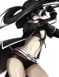  belt bikini bikini_top_only black_hair black_rock_shooter black_rock_shooter_(character) black_shorts blue_eyes coat commentary_request female flaming_eye flat_chest front-tie_top gloves glowing glowing_eye long_hair midriff navel no_shirt shiromi_(ringo) short_shorts shorts solo swimsuit sword twintails weapon 