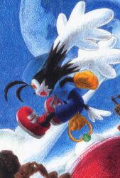  animal_ears antenna_hair colored_pencil_(medium) commentary_request furry furry_male gloves hat jewelry jumping kaze_no_klonoa klonoa moon no_humans orange_eyes photoshop_(medium) profile sao_(oldmill) shoes sky solo traditional_media 