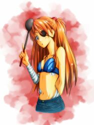  :o bandages blue_bra blue_shorts blush bra commentary denim denim_shorts evangelion:_2.0_you_can_(not)_advance evangelion:_3.0_you_can_(not)_redo eyepatch female hi--ro_a--ki ladle lingerie long_hair navel neon_genesis_evangelion orange_hair rebuild_of_evangelion shorts solo souryuu_asuka_langley two_side_up underwear 