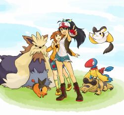  2girls archen baseball_cap bird black_hair boots commentary_request cosplay crocodilian denim denim_shorts emolga flying ganaha_hibiki hat hilda_(pokemon) hilda_(pokemon)_(cosplay) holding holding_poke_ball idolmaster idolmaster_(classic) kome-me long_hair miniskirt mouse_(animal) multiple_girls orange_hair poke_ball poke_ball_(basic) pokemon pokemon_(creature) pokemon_bw ponytail sandile shorts skirt socks stoutland takatsuki_yayoi tepig twintails vest 