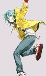  1boy bad_id bad_pixiv_id casual denim green_hair hood hoodie inazuma_eleven_(series) inazuma_eleven_go jeans kariya_masaki kyou_(nodobotokemax) male_focus pants smile solo yellow_eyes 